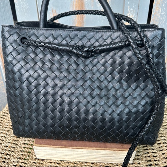 Quince Italian Leather Handwoven Satchel Black NWOT - Picture 3 of 16
